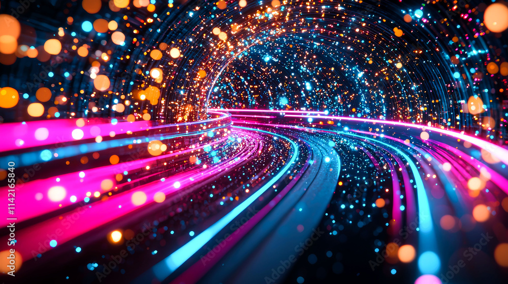 Glowing neon tunnel with swirling lights. Glowing neon tunnel with swirling lights.