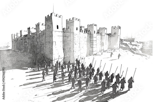 Group of people are walking in front of a castle. The castle is large and has many towers. flat vector illustration