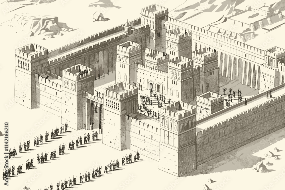 Obraz premium Drawing of a castle with people walking in front of it