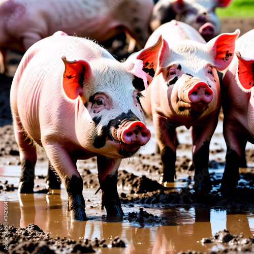 Nutztiere - Schweine suhlen sich im frischen Schlamm photo