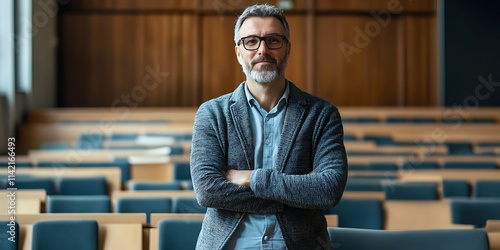 Portrait of a criminology professor standing confidently in a university lecture hall, smiling photo