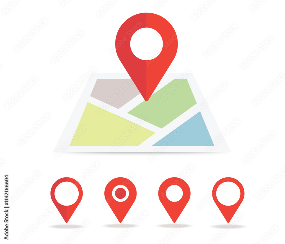 Location map icon with red pin pointer, direction, label, marker, sign, travel Navigator or guide. vector illustration stock illustration Location map icon with red pin pointer, direction, label, marker, sign, travel Navigator or guide. vector illustration stock illustration