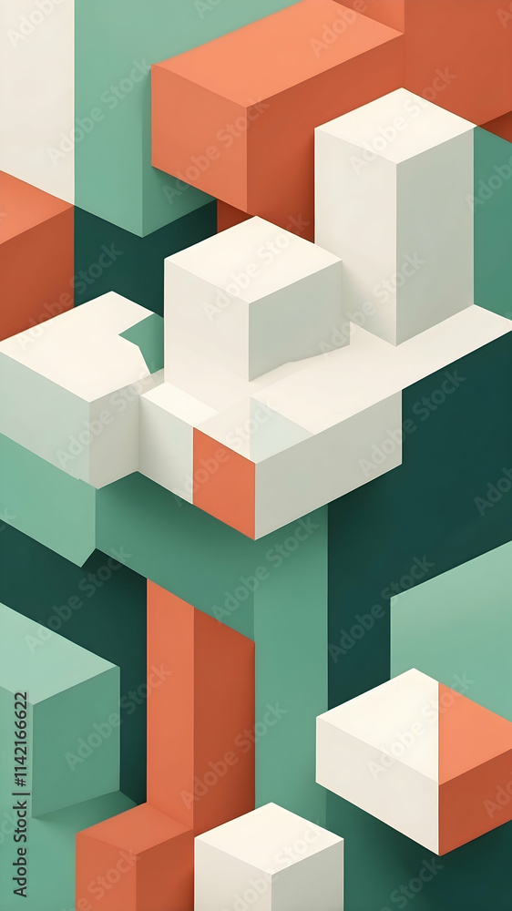 Abstract cubic minimalist background with sharp geometric blocks, mix of Forest Green, Terracotta, Off-White Abstract cubic minimalist background with sharp geometric blocks, mix of Forest Green, Terracotta, Off-White