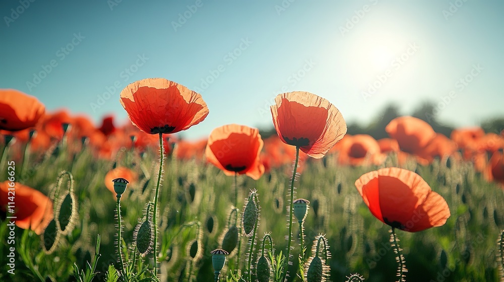 Fototapeta premium Bright red poppies bask under sunny sky in green field