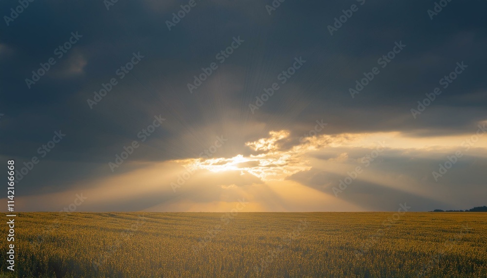 Obraz premium 구름이 걷히며 어두운 하늘 사이로 환하게 비치는 황금빛 태양