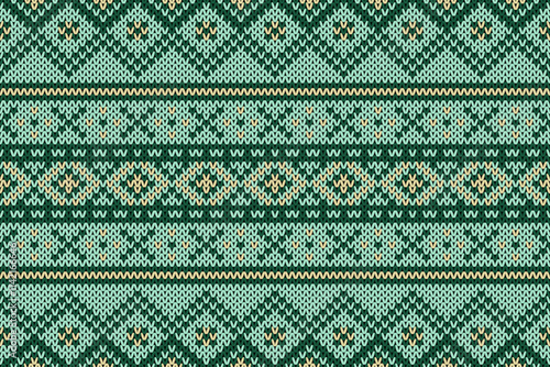 Green and brow incandescent ceramic modalities, festive sweater design. Seamless knitting pattern