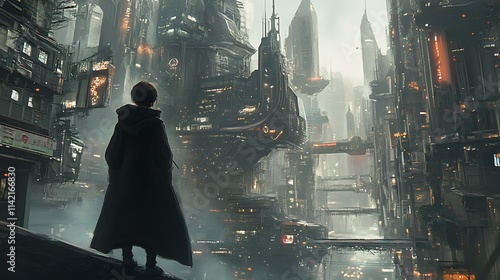 Child in cloak overlooking futuristic city.