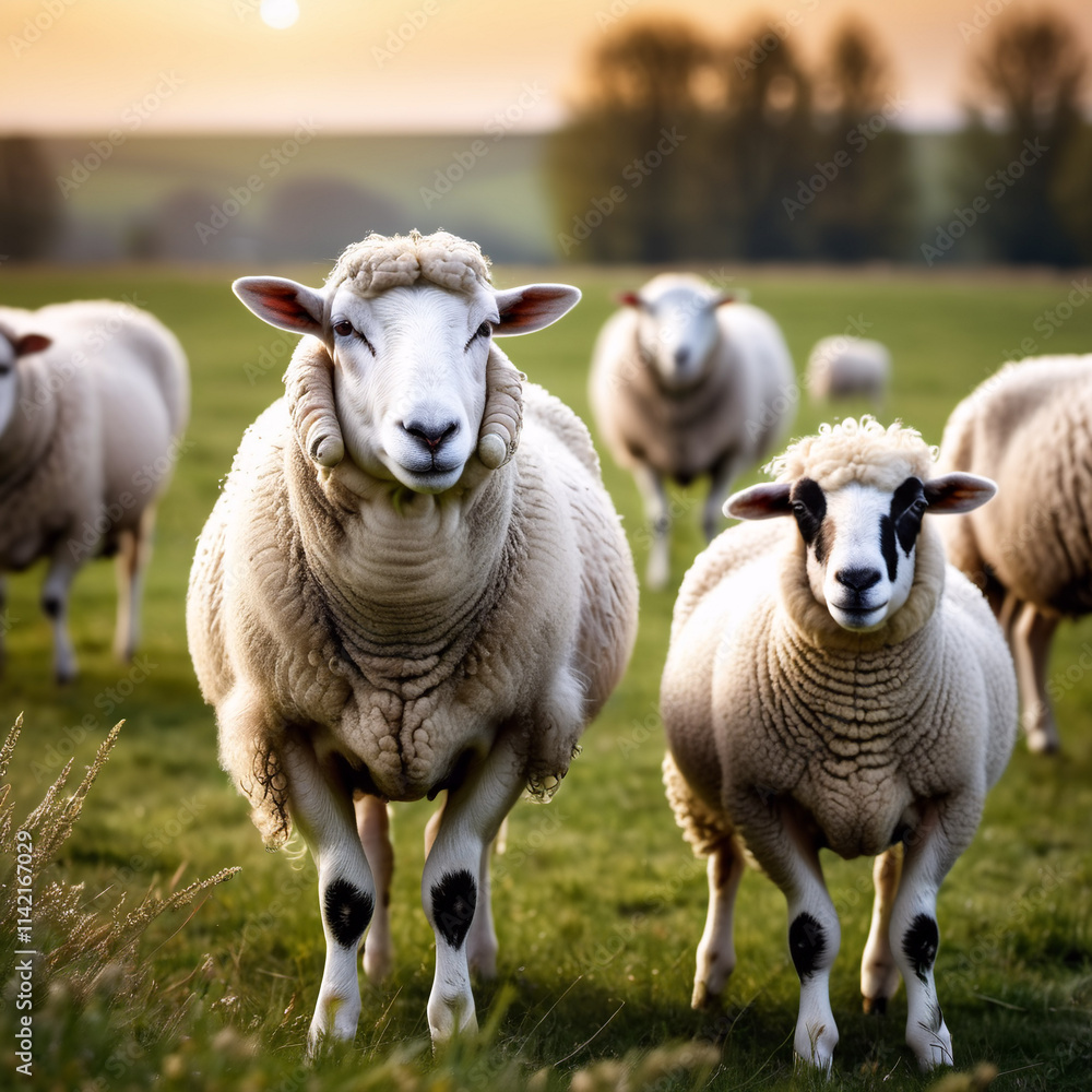 Nutztiere - Schafherde weidet unter Abendrot Nutztiere - Schafherde weidet unter Abendrot