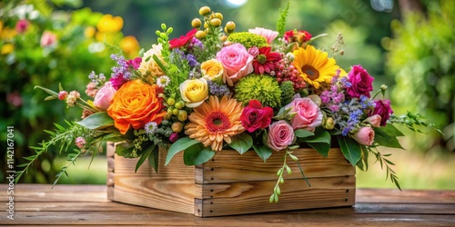 Wallpaper Mural Colorful mixed bouquet in a wooden box with lush greenery and fresh flowers Torontodigital.ca