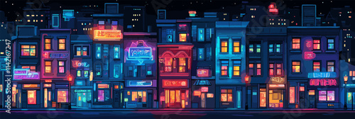 Cityscape with neon signs and buildings lit up at night