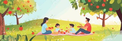 Family of four is sitting on a blanket in a park