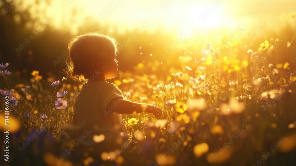 Child playing in flower field at sunset nature photography warm lighting joyful atmosphere Child playing in flower field at sunset nature photography warm lighting joyful atmosphere