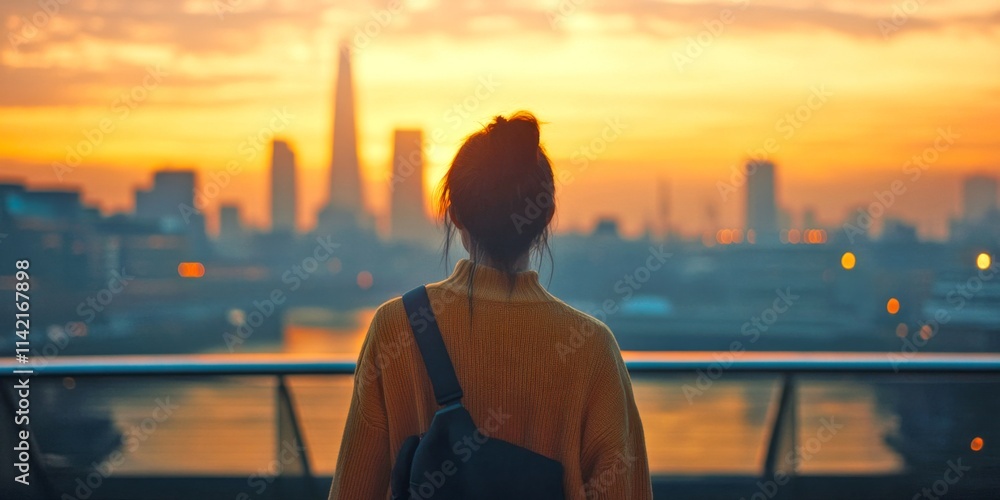 Fototapeta premium A person stands overlooking a stunning city skyline at sunset. The warm colors create a serene atmosphere. This image captures urban beauty and contemplation. AI