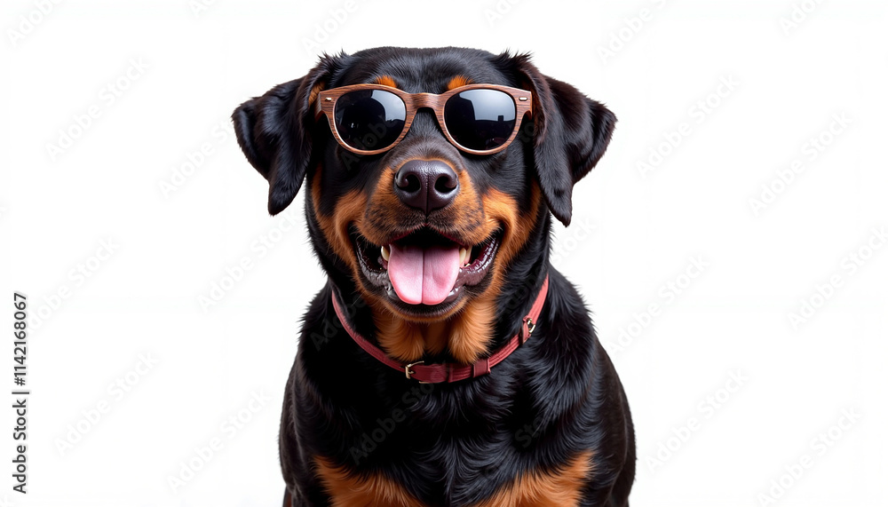 Happy rottweiler dog wearing sunglasses on a white background, confident, stylish, playful, pet concept, copy space Happy rottweiler dog wearing sunglasses on a white background, confident, stylish, playful, pet concept, copy space