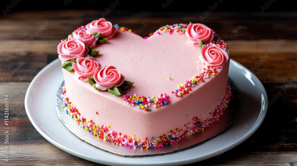 Pink heart-shaped cake concept for Valentine's Day. Heart-shaped cake decorated with pink roses and colorful sprinkles Pink heart-shaped cake concept for Valentine's Day. Heart-shaped cake decorated with pink roses and colorful sprinkles