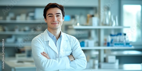 AI researcher standing confidently in a lab setting with a professional demeanor photo