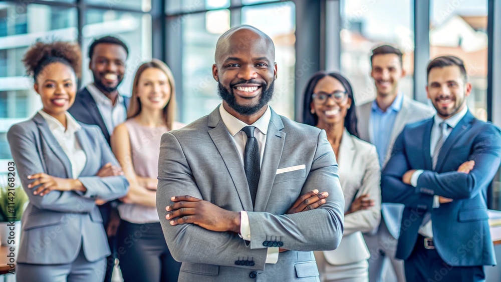 Successful African American CEO leading diverse team in modern office, confident businessman with folded hands overseeing joyful professional group
Successful African American CEO leading diverse team in modern office, confident businessman with folded hands overseeing joyful professional group
