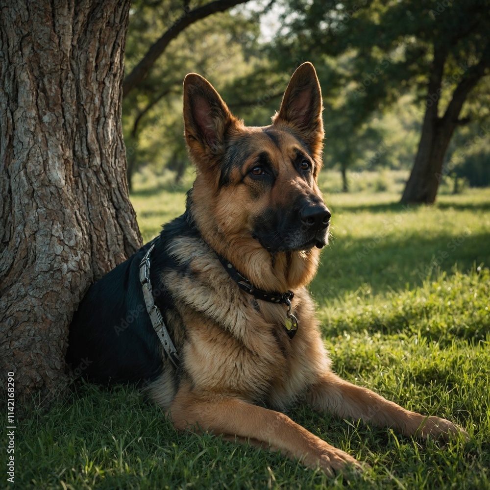 A German shepherd resting in the shade of a tree in a green pasture.
A German shepherd resting in the shade of a tree in a green pasture.