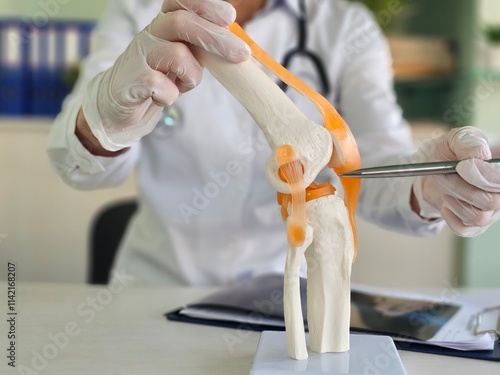 Obraz na płótnie Knee joint anatomy model demonstration in a medical office during patient