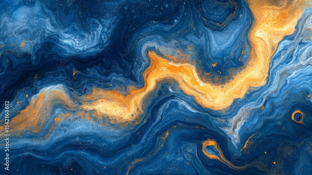 Abstract Blue and Gold Swirling Paint Texture