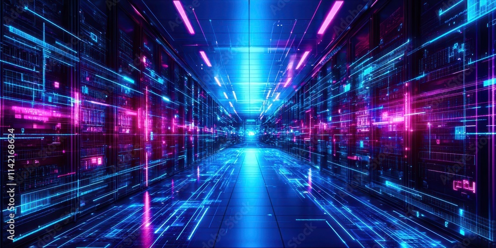 Long blue hallway with neon lights and a pink stripe Long blue hallway with neon lights and a pink stripe