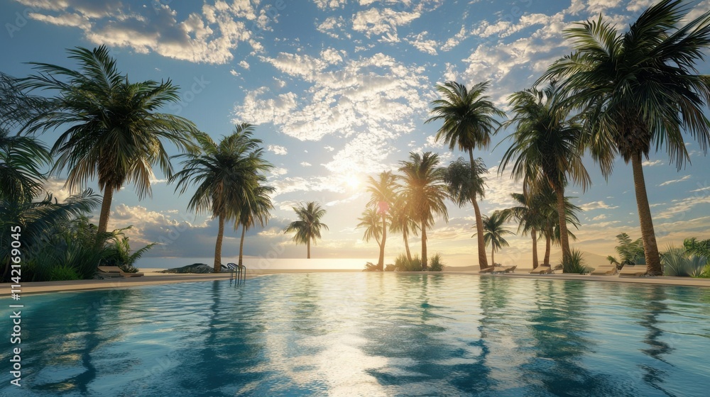 Fototapeta premium Tropical sunset reflection serene beach landscape photography calm waters wide angle nature's beauty