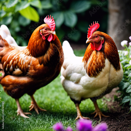 Nutztiere - Lebhafte Hühner im grünen Bauerngarten photo