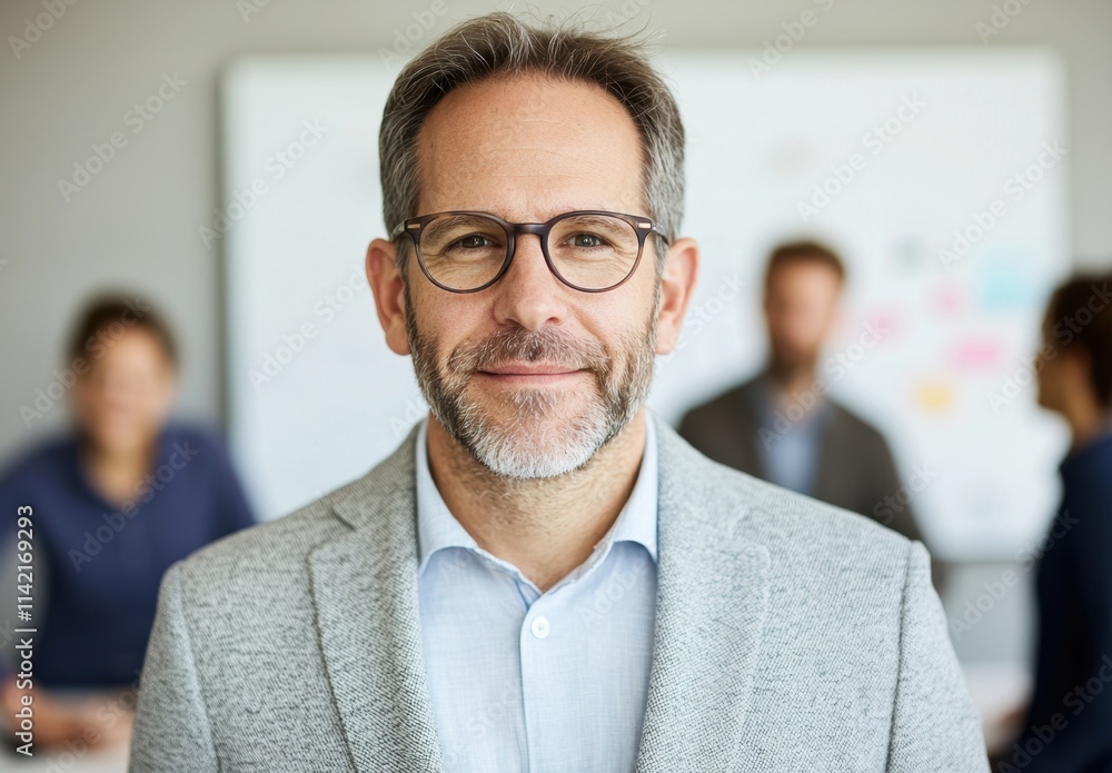 Confident businessman in casual attire smiling at camera in office Confident businessman in casual attire smiling at camera in office