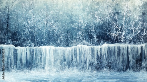 Frozen waterfall cascading over icy rocks in a winter forest.