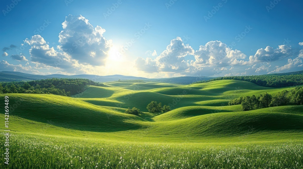 Obraz premium Serene Rolling Hills Landscape Under a Sunny Sky
