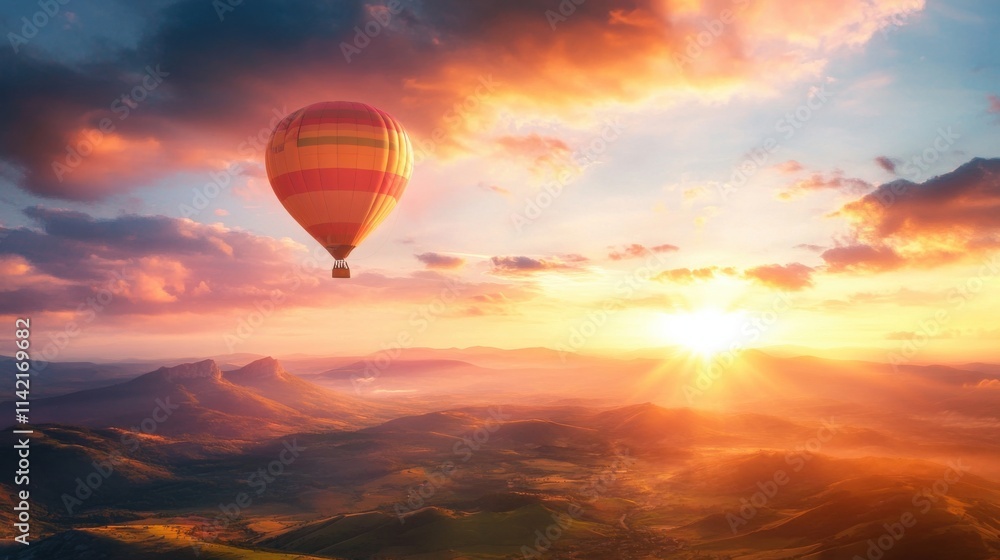 Obraz premium Hot air balloon adventure scenic mountains sunrise beautiful landscape aerial view freedom and exploration