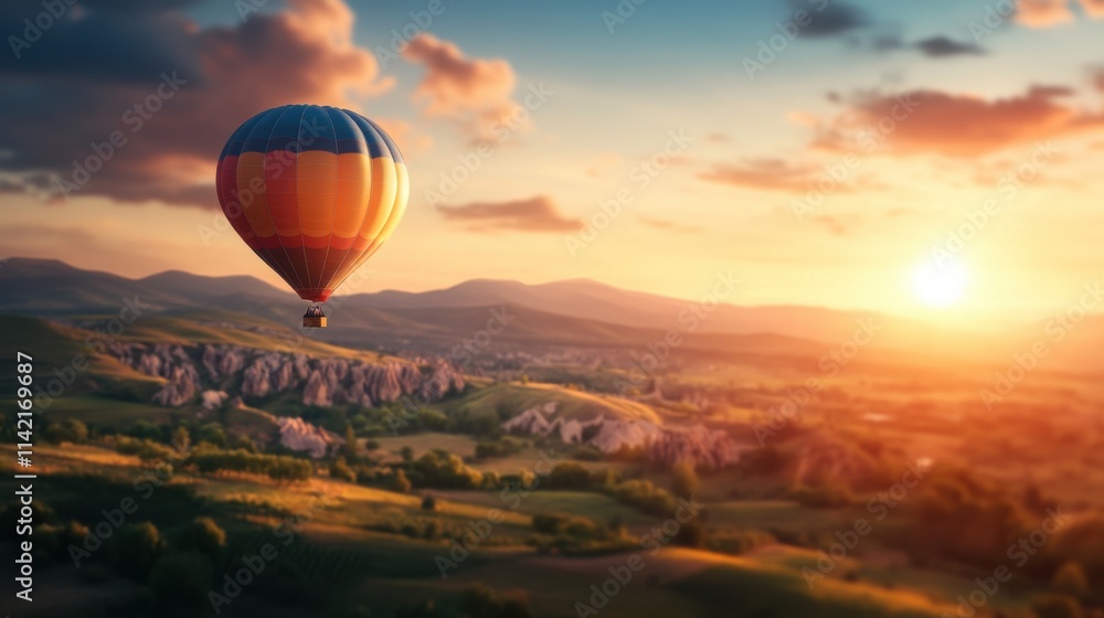 Obraz premium Hot air balloon adventure over scenic hills at sunset travel photography serene landscape aerial view dreamlike experience