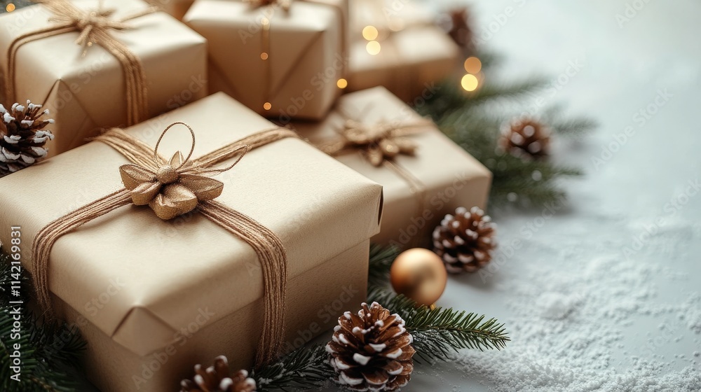 Beautifully Wrapped Christmas Gifts with Natural Decorations on a Soft Winter Background, Cozy Holiday Atmosphere with Pinecones and Lights Beautifully Wrapped Christmas Gifts with Natural Decorations on a Soft Winter Background, Cozy Holiday Atmosphere with Pinecones and Lights
