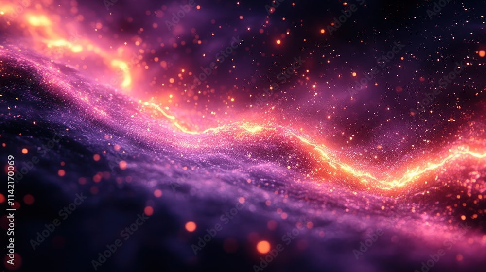 Fototapeta premium Abstract cosmic landscape with glowing energy waves and particles.