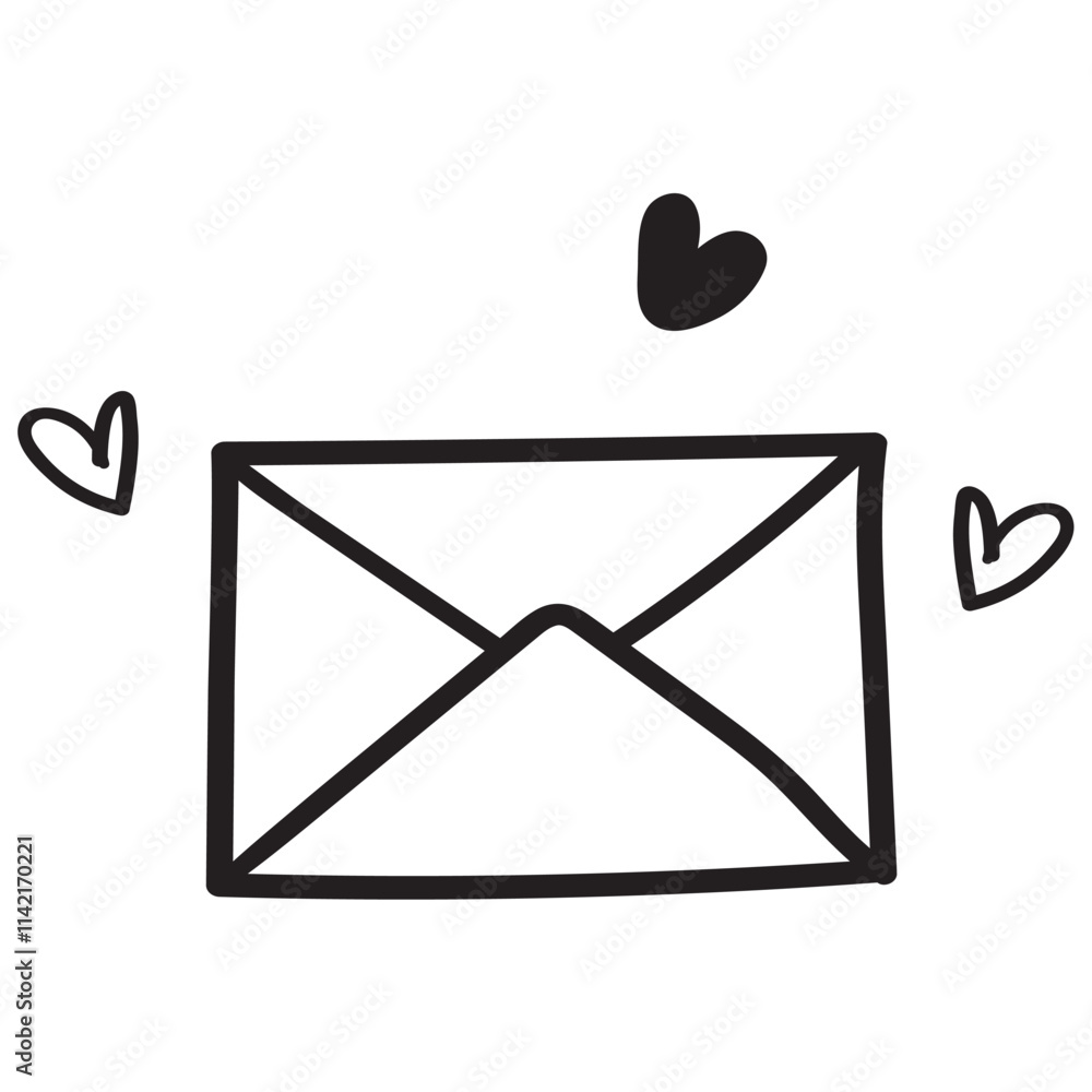Closed envelope and hearts around it. Valentine's card. Isolated outline icon. Hand drawn illustration on white background. Closed envelope and hearts around it. Valentine's card. Isolated outline icon. Hand drawn illustration on white background.