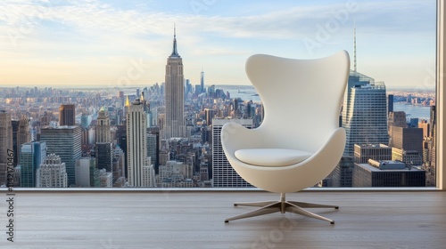 A round white armchair sits elegantly near large windows, offering a stunning view of the New York City skyline during a vibrant sunset photo