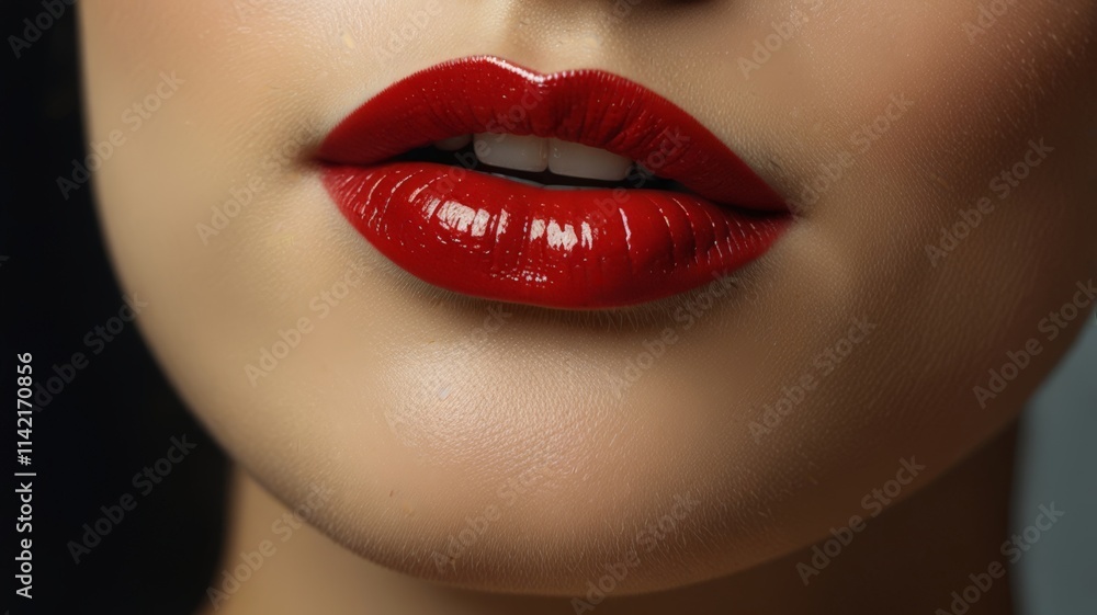 Close-up of luscious red lips, glossy and perfectly defined, capturing the essence of beauty and elegance with a striking, bold shade. Close-up of luscious red lips, glossy and perfectly defined, capturing the essence of beauty and elegance with a striking, bold shade.