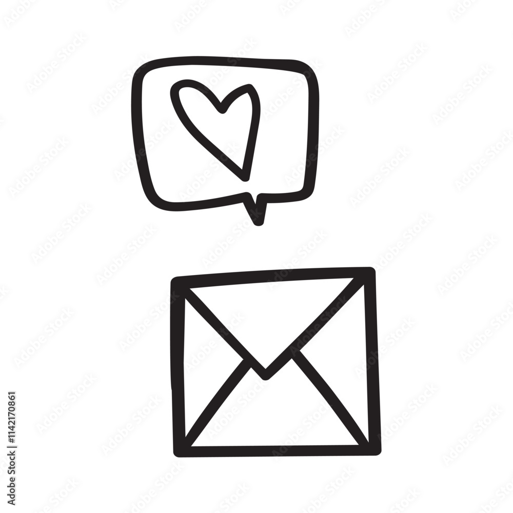 Valentine's card. A sealed envelope and a heart sign. Valentine's card. Isolated outline icon. Hand drawn illustration on white background. Valentine's card. A sealed envelope and a heart sign. Valentine's card. Isolated outline icon. Hand drawn illustration on white background.