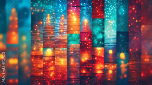 A vivid abstract lightscape with illuminated patterns in orange and teal, conveying movement and vibrancy.