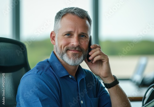 Professional Man Smiling While Talking on Phone in Modern Office