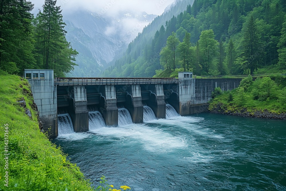 A hydroelectric dam surrounded by vibrant greenery and flowing water. A hydroelectric dam surrounded by vibrant greenery and flowing water.