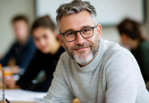 Friendly Teacher Smiling at Students in Classroom Setting