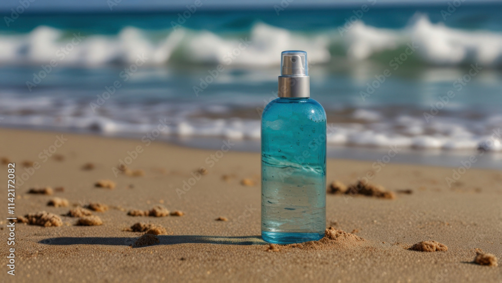 Blue Spray Bottle on Sandy Beach with Ocean Waves Blue Spray Bottle on Sandy Beach with Ocean Waves