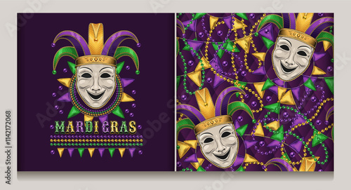 Carnival Mardi Gras themed pattern, label with comedy face mask in Jester Harlequin hat, scattered trinket, pennant garland, strings of beads. Detailed illustrations set in vintage style