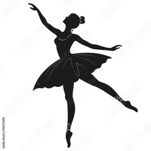 Young graceful woman ballet dancer vector illustration. Beautiful young ballerina standing in ballet pose. Black female silhouette.