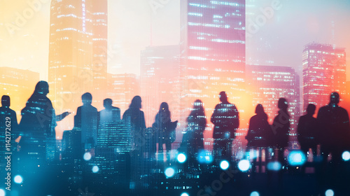 City skyline at sunset with silhouettes of people against a vibrant backdrop of skyscrapers and lights