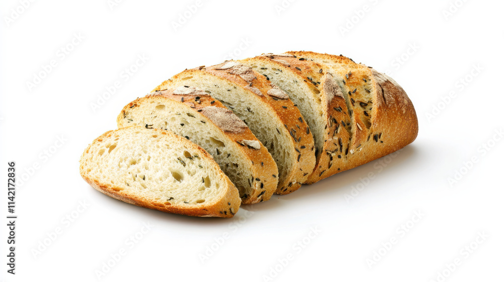 A sliced artisan bread loaf with golden-orange crust and bright olive-green crumb, cleanly cut into thin slices, separated slightly for detail, clear white background, no shadows, natural grain textur A sliced artisan bread loaf with golden-orange crust and bright olive-green crumb, cleanly cut into thin slices, separated slightly for detail, clear white background, no shadows, natural grain textur