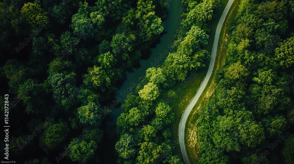 Aerial view of a lush forest with a river winding through it, highlighting Earth's natural ecosystems and the importance of environmental preservation