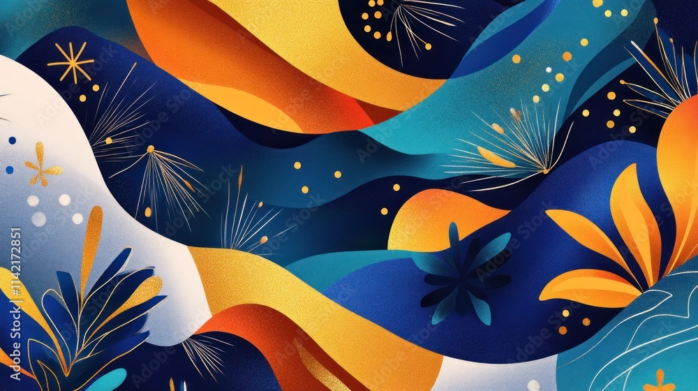 Obraz premium Abstract colorful waves with floral elements.
