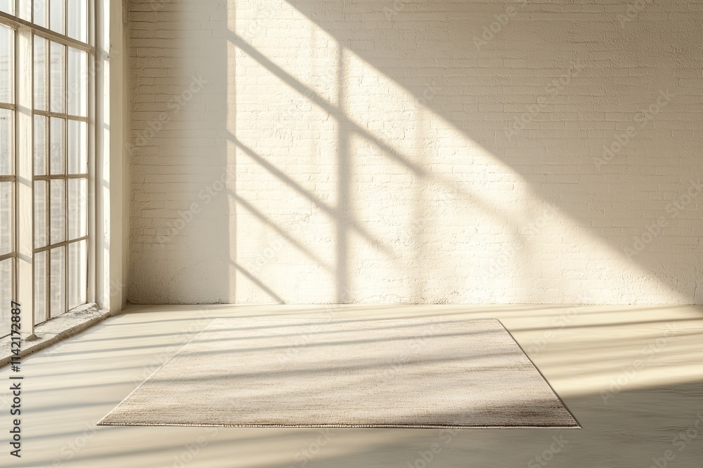 Minimalist sunlit room with large windows and beige carpet Minimalist sunlit room with large windows and beige carpet